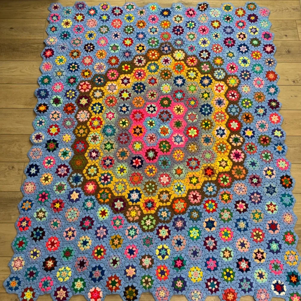 Vintage Handmade Crochet Hexagon Afghan Blanket Blue Multicolor 81x65